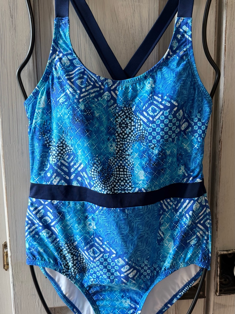 Blue Printed One-Piece Swimsuit with Navy Accents